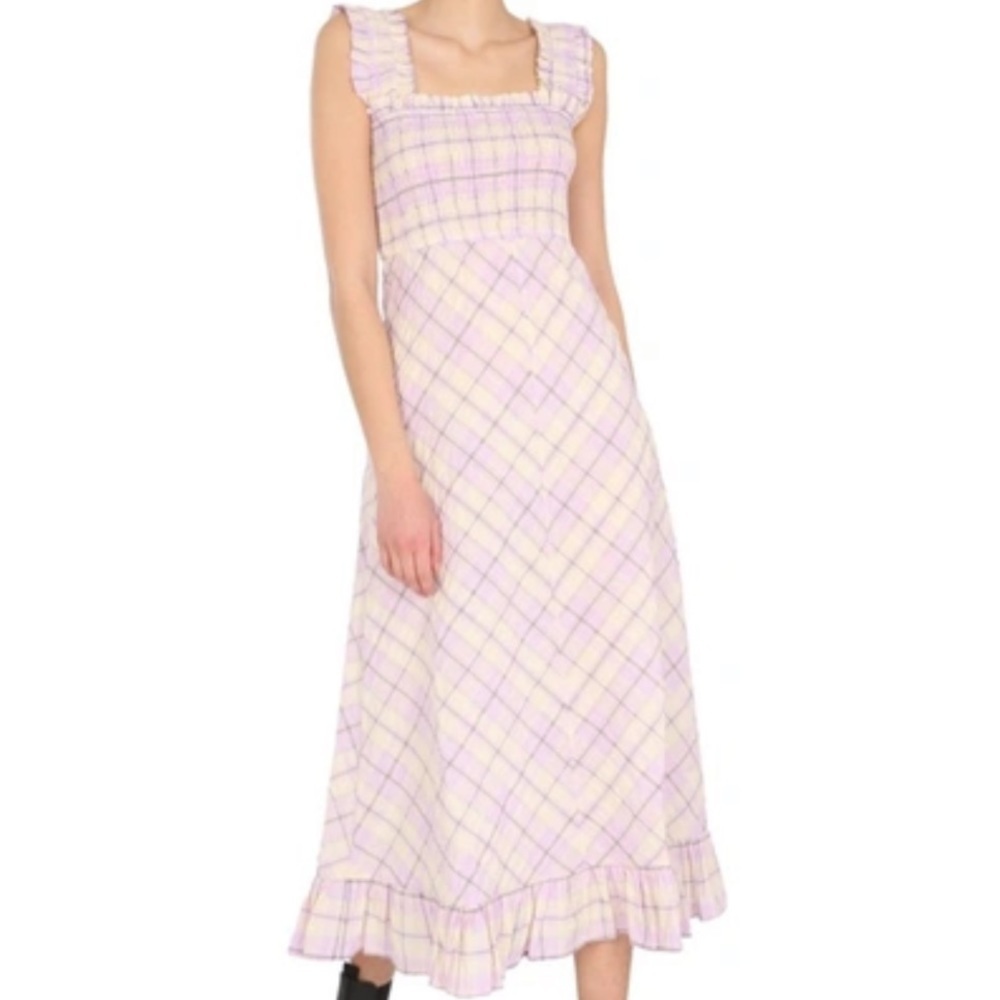 NWOT- Ganni Light Purple Plaid Ruffle Smocked Maxi Dress